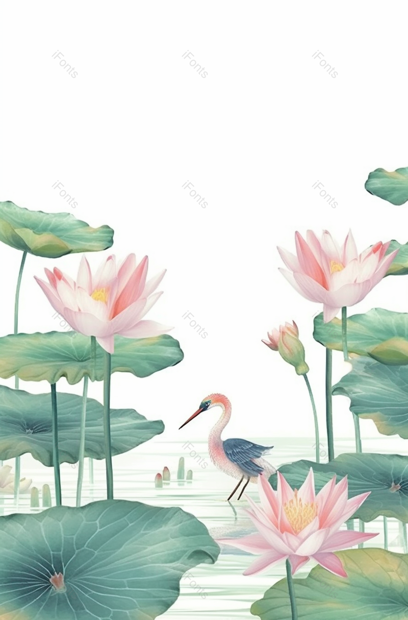 碧绿色的池塘风景鸟儿正在觅食中国画工笔创意插画,插画/手绘图,插画/手绘图库,插画/手绘图下载,插画/手绘